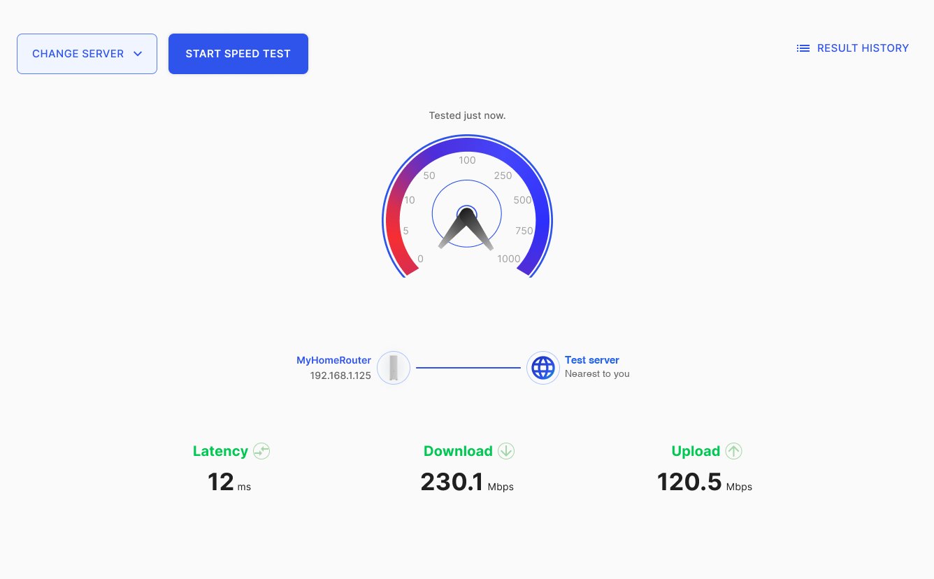 Speed Test — one gauge, latency, download and upload, and the server it tested against