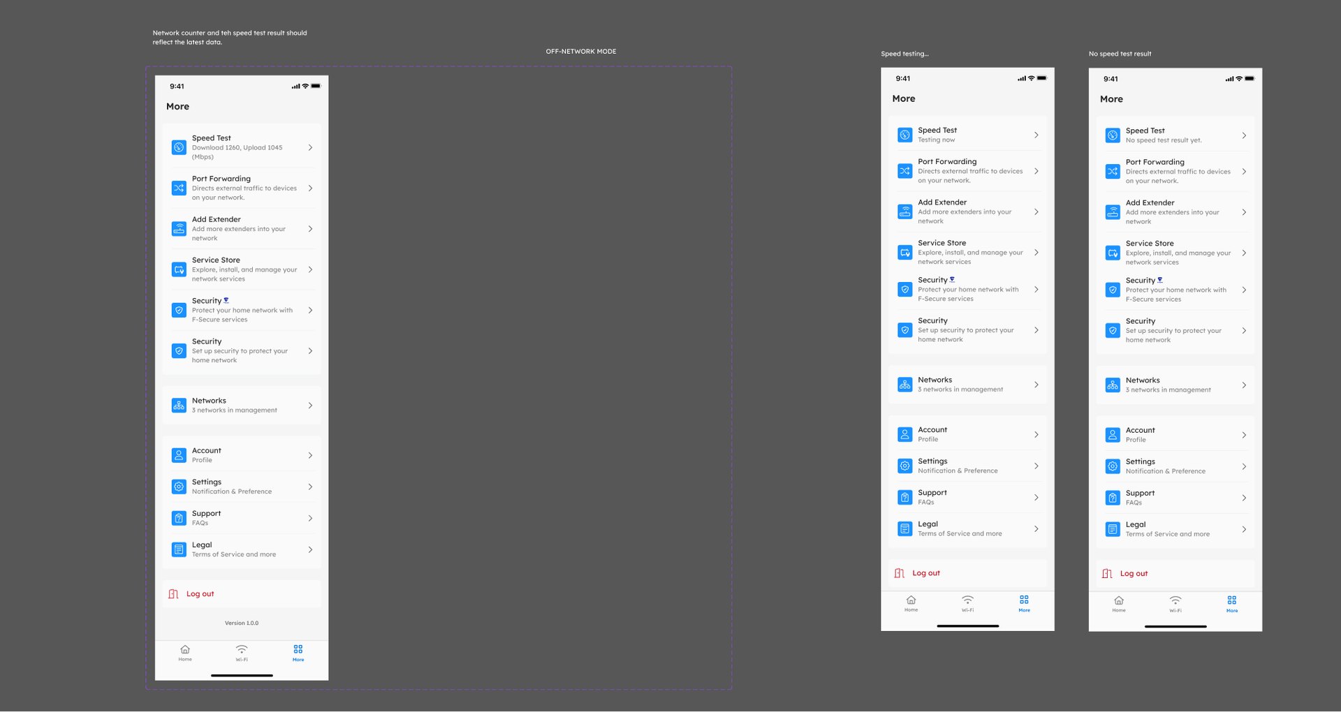 More — the advanced-settings entry, in its normal, testing and no-result states